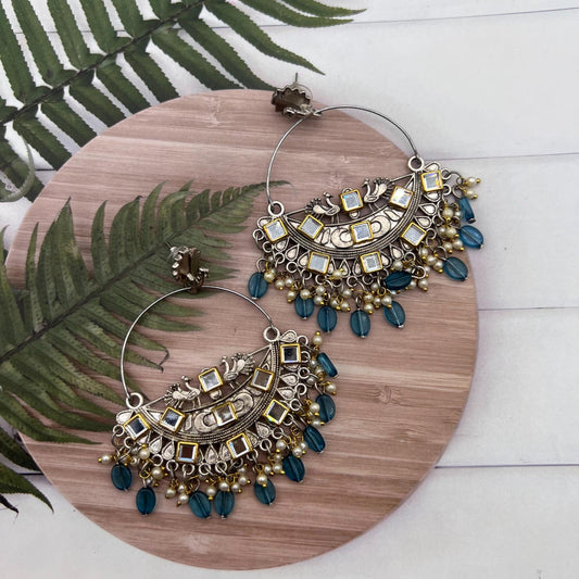 Silver Peacock Design Blue Chandbali Earrings