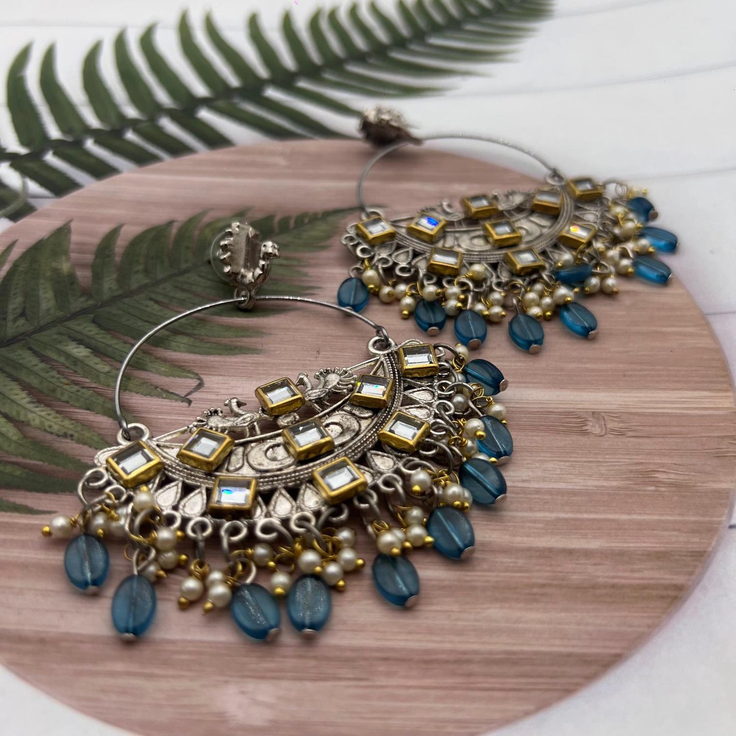 Silver Peacock Design Blue Chandbali Earrings