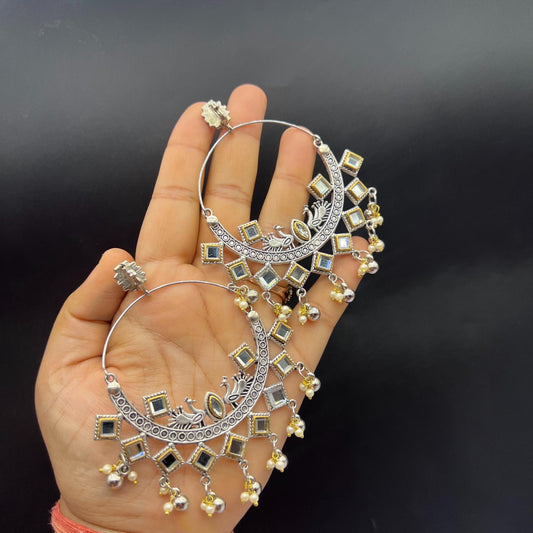 Oxidised Chandbali Kundan Stone Peacock Earrings