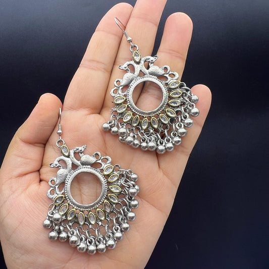 Oxidised Silver Kundan Stone Drop Earrings