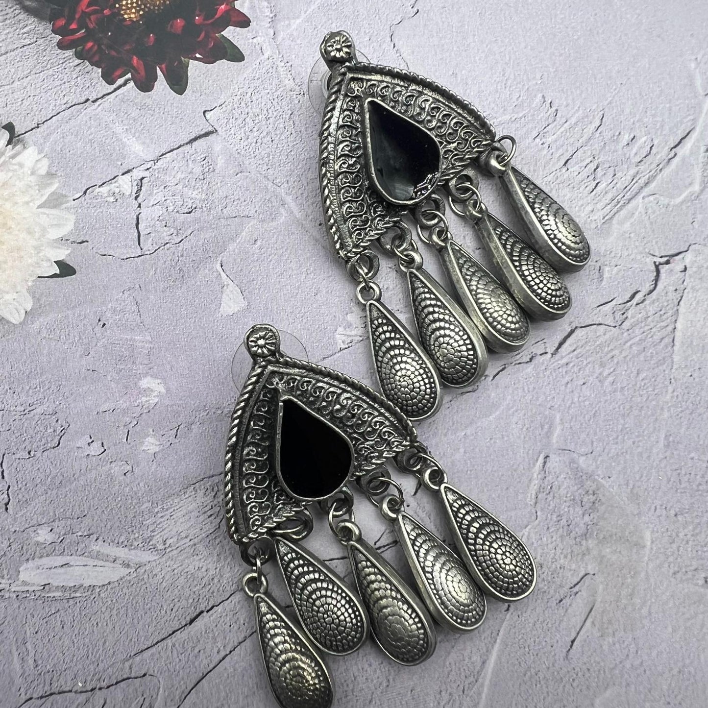 Oxidised silver Drop Boho Black Earring