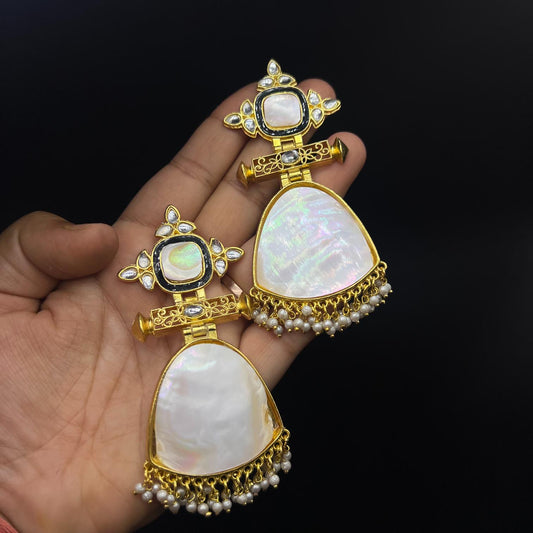 Gold Shell Stone Earring With Kundan White