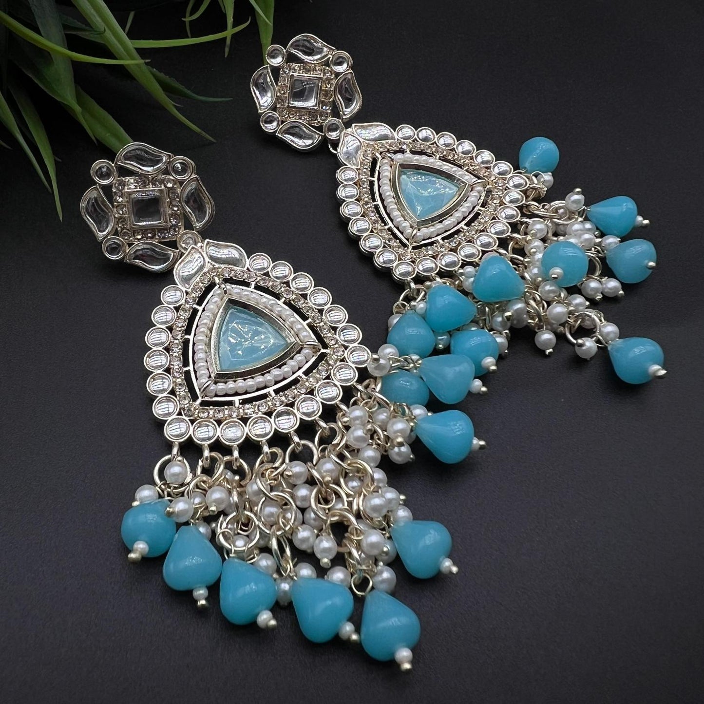 Blue Color Beads Polki Stone Kundan Earring