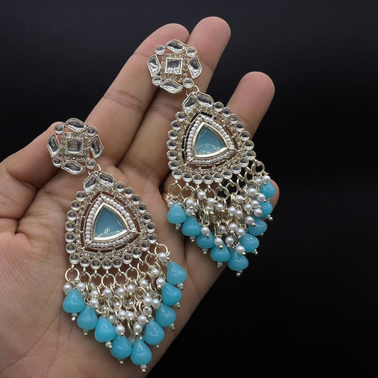 Blue Color Beads Polki Stone Kundan Earring