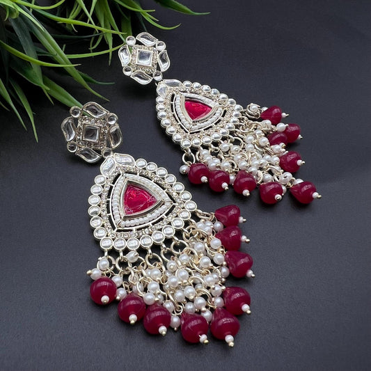 Pink Color Beads Polki Stone Kundan Earring