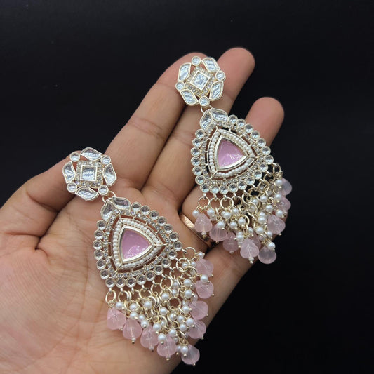 Baby Pink Color Beads Polki Stone Kundan Earring