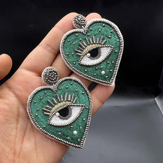 Handmade Beaded Eye Heart Shape Green Earring