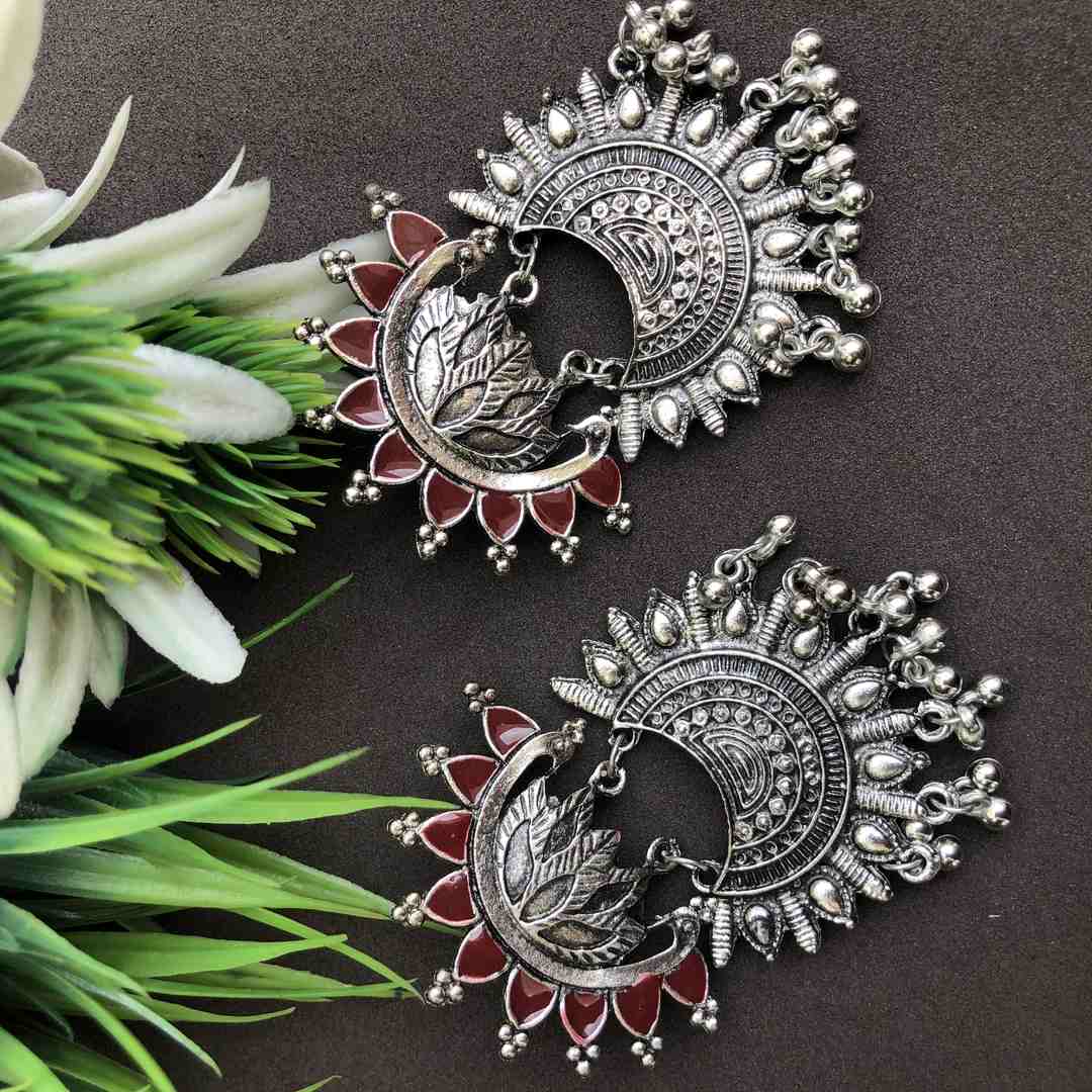 LARQ JEWELS Ethnic Silver Oxidised Maroon Dangler Earrings