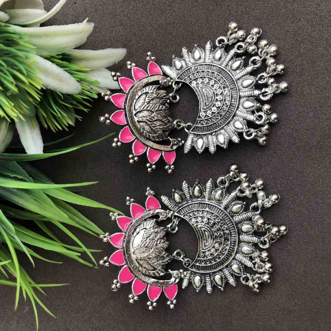 LARQ JEWELS Ethnic Silver Oxidised Pink Dangler Earrings