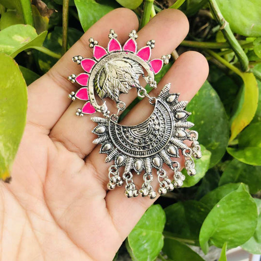 LARQ JEWELS Ethnic Silver Oxidised Pink Dangler Earrings