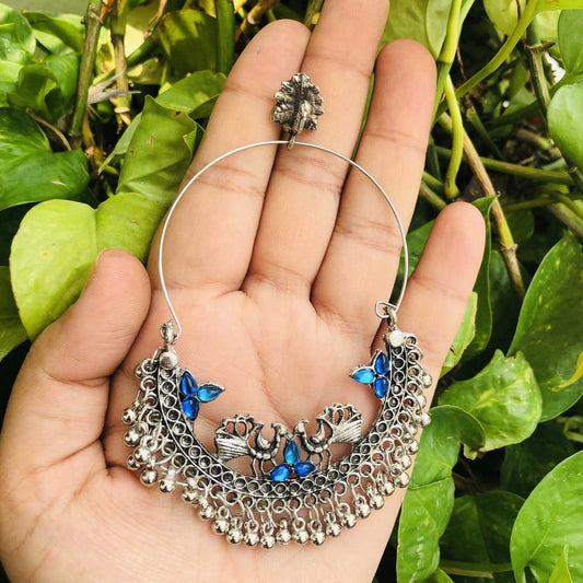 LARQ JEWELS Oxidized Silver Blue Stone Lightweight Chandbali