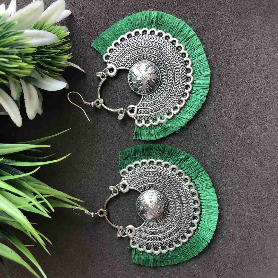 LARQ JEWELS Oxidised Silver Tassel Earrings green