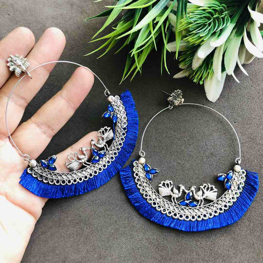 TraditionalSilver Plated Oxidized Silver Earrings- Blue