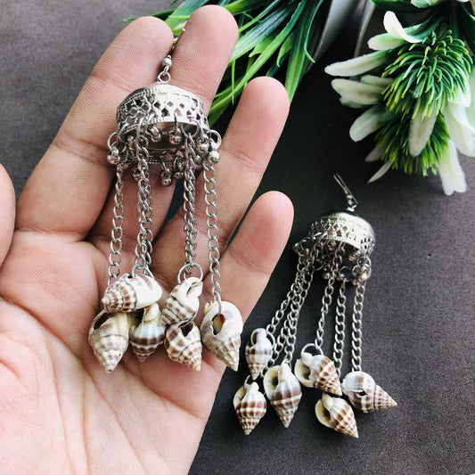 Designer Light Weight Oxidized Silver Metal and Shell Tassel Earrings