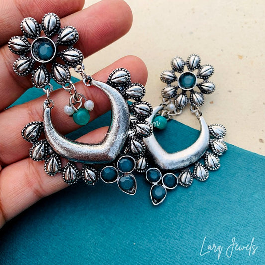 Larq Jewels Silver Oxidized Earrings With Green Stones