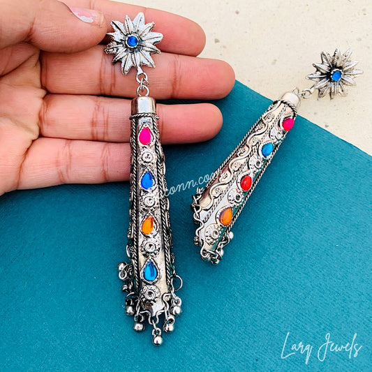 Larq Jewels Silver Long Flower Pattern Earring With Multicolour Stones