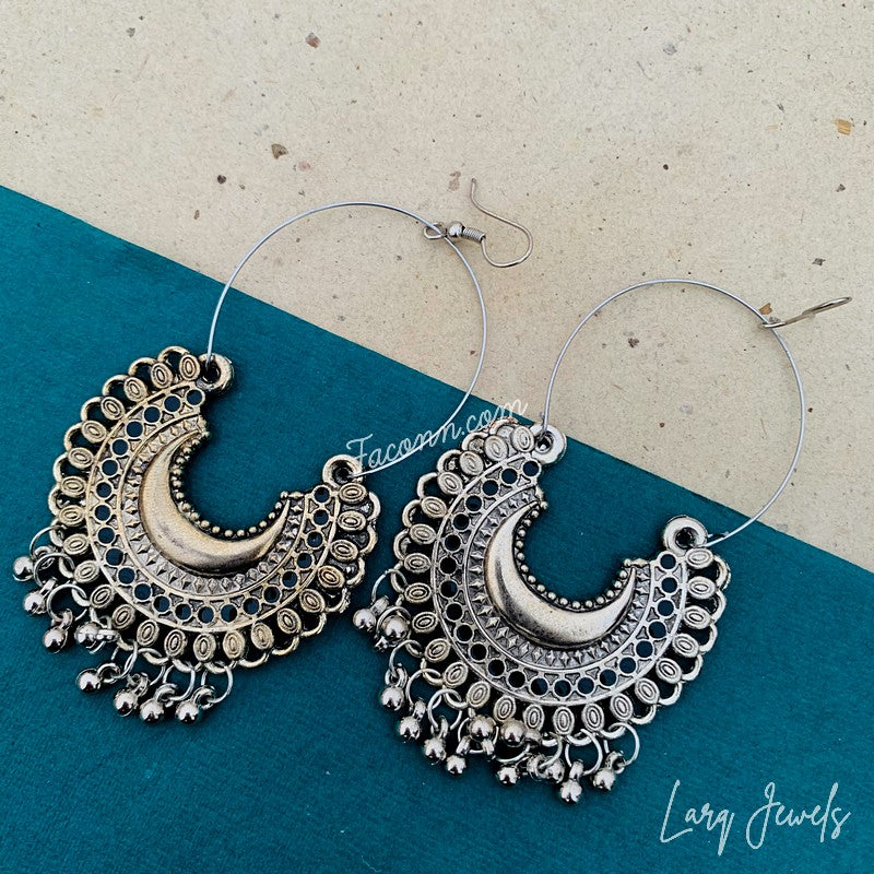 Larq Jewels Silver Chandbali Earrings With Ghungru