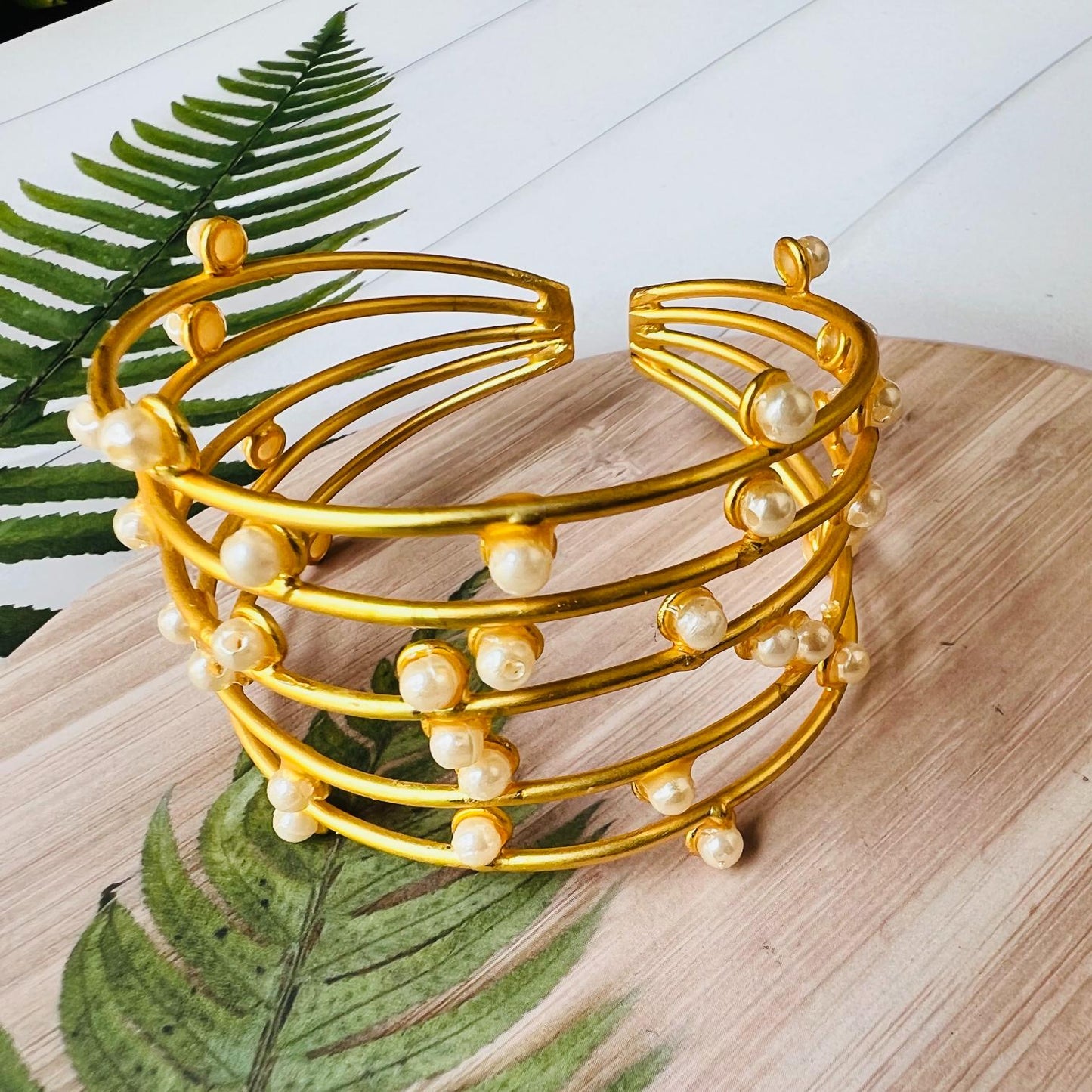 Golden Handcrafted Pearl Cuff Brass Bracelet