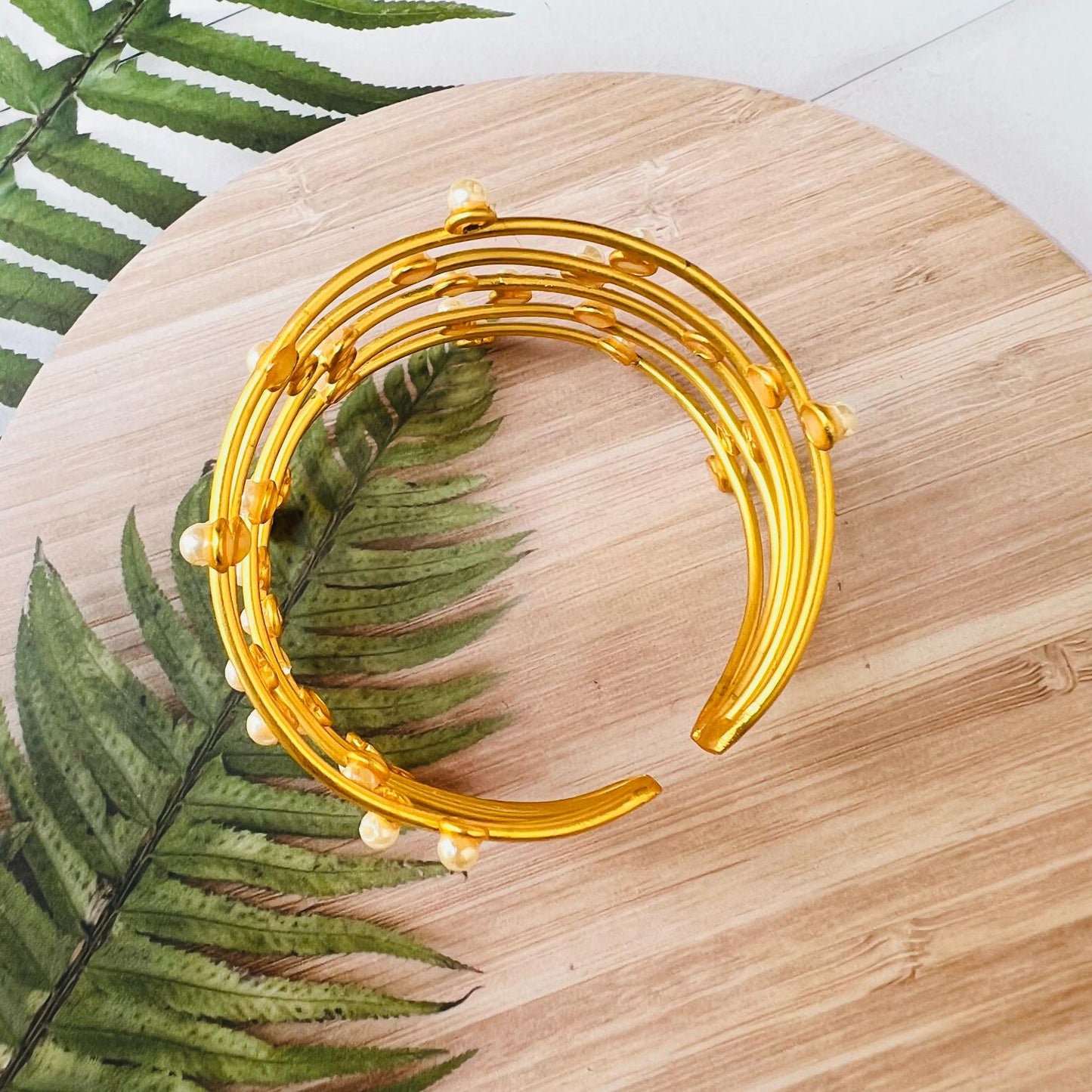 Golden Handcrafted Pearl Cuff Brass Bracelet