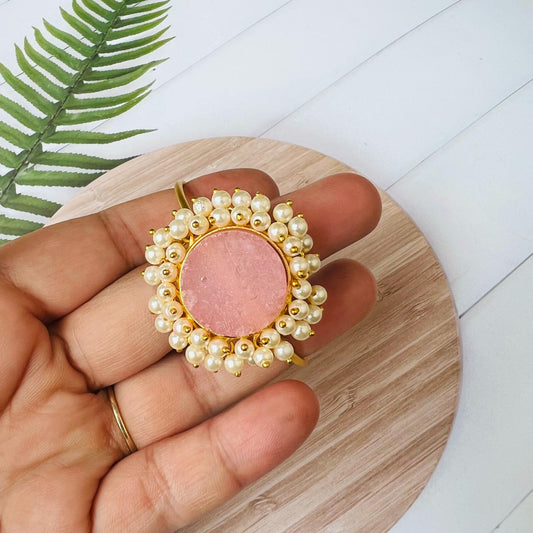 Pearl Round Pink Raw Stone Brass Bracelet