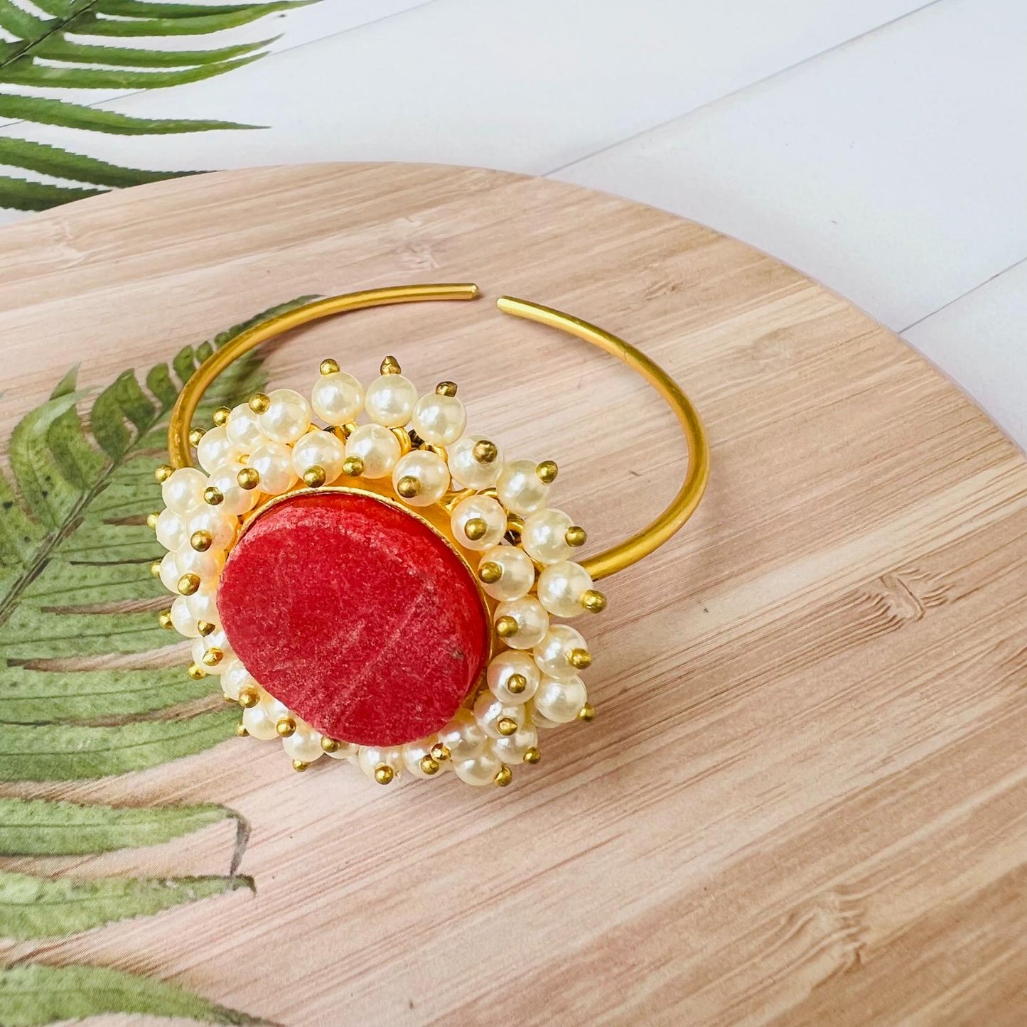 Pearl Round Red Raw Stone Brass Bracelet