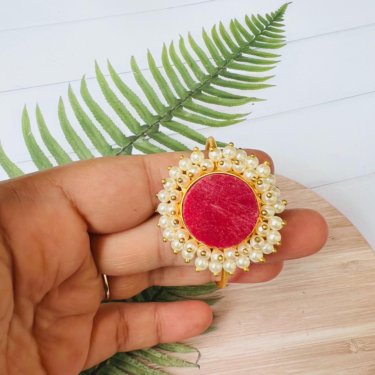 Pearl Round Red Raw Stone Brass Bracelet