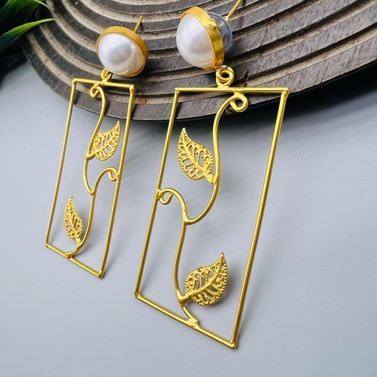 Luxe Leaf & Pearl Drop Brass Statement Earrings