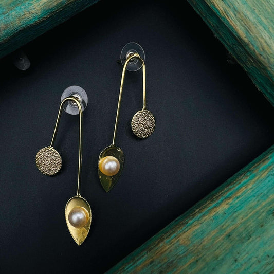 Opulent Leaf and Pearl Brass Earrings
