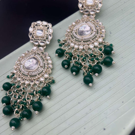 Sterling Silver Green Kundan Traditional Stone Earrings
