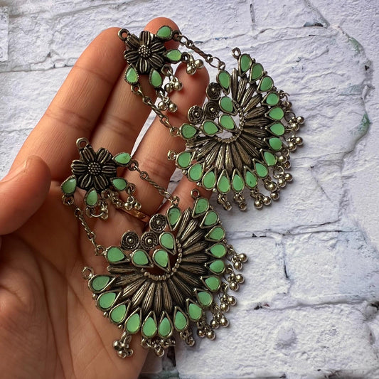 German Silver and Green Kundan Bridal Earring For Women