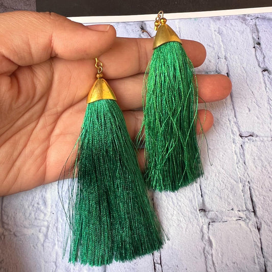 Green Small Thread Tassel Earrings