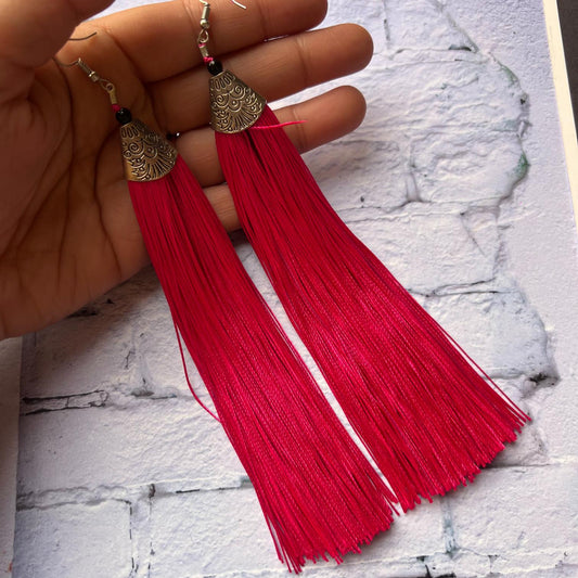 Pink Thread Long Tassel Earrings