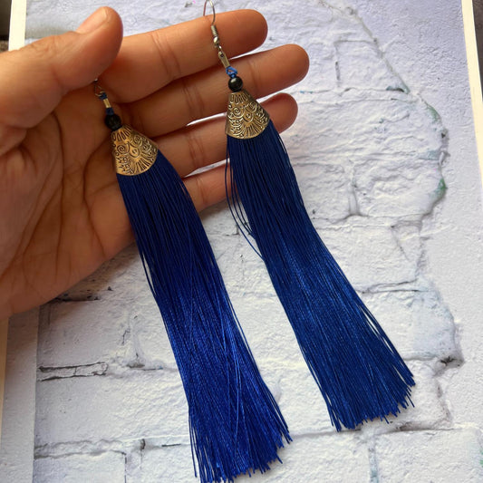 Blue Thread Long Tassel Earrings