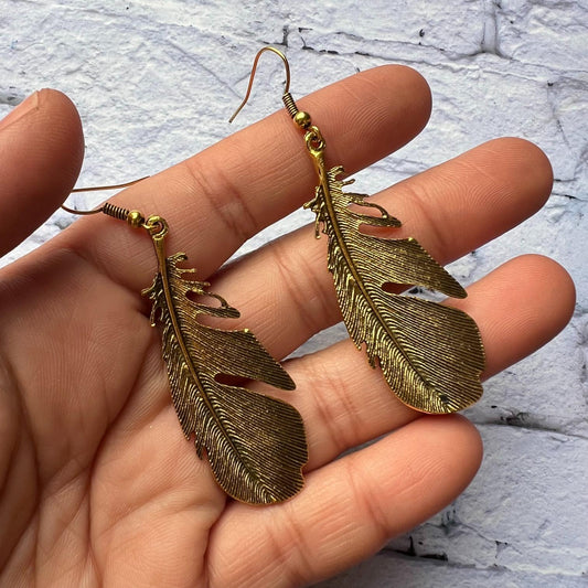 Golden Feather Brass Earrings