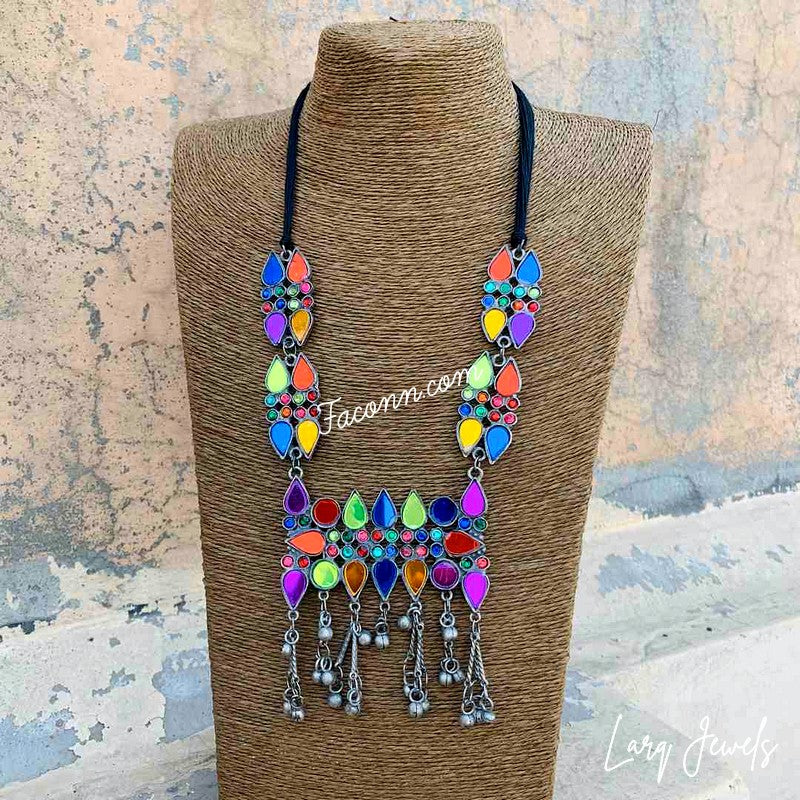 LARQ JEWELS Pink Brass Silver-Plated Afghan Tribal Oxidized Necklace