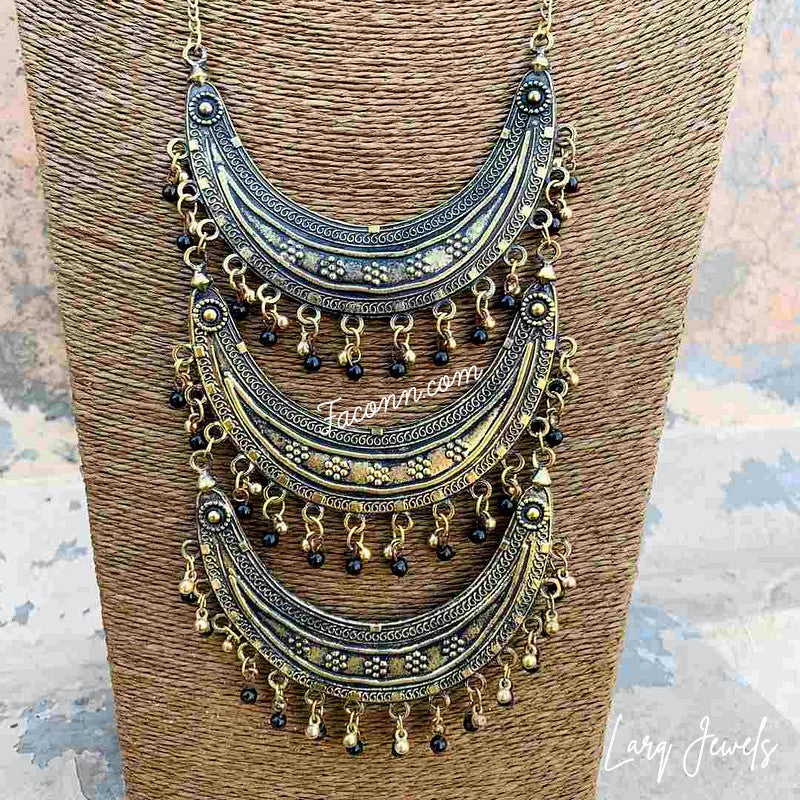 LARQ JEWELS Oxidized German Silver 3 Chand Long Chain Necklace