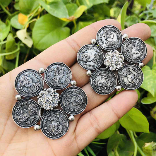 LARQ JEWELS Combo Of 3 Pcs German Oxidized Silver Artistic Crafted Traditional Stud Earrings With Ring- SILVER