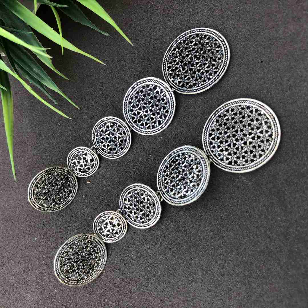LARQ JEWELS Oxidized Silver Concentric Circle Metal Ethnic Long Dangle Drop Earrings for Women