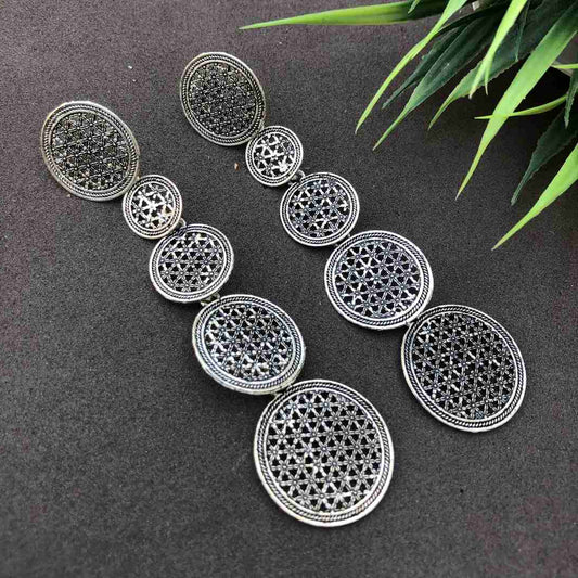 LARQ JEWELS Oxidized Silver Concentric Circle Metal Ethnic Long Dangle Drop Earrings for Women