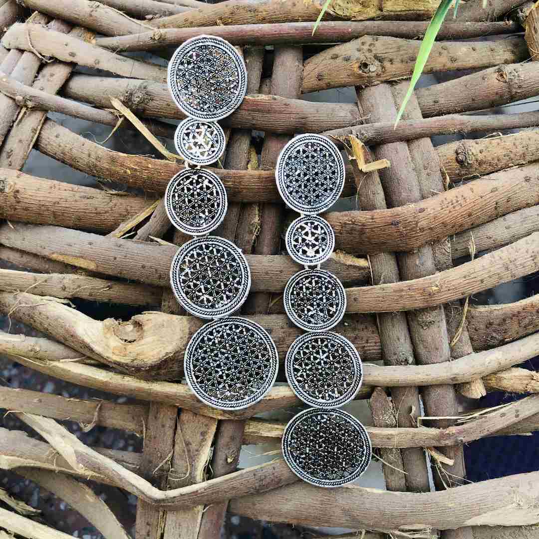 LARQ JEWELS Oxidized Silver Concentric Circle Metal Ethnic Long Dangle Drop Earrings for Women