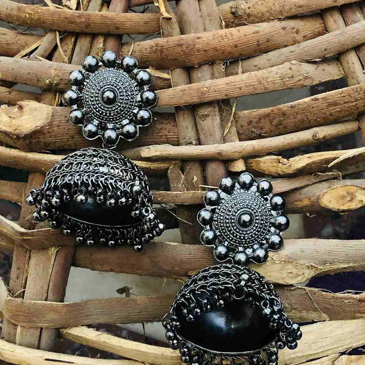 LARQ JEWELS Black Metal Oxidised Traditional Silver Jhumka Earrings for Women