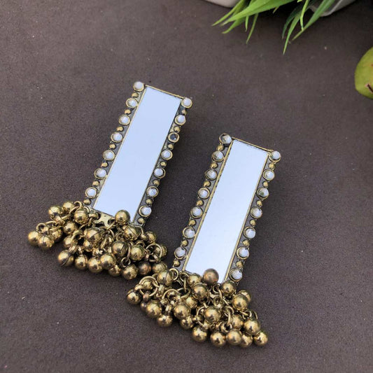 LARQ JEWELS Traditional German Silver Oxidised Antique Stylish Designer Afghani Big Mirror Jhumka Earrings- Golden
