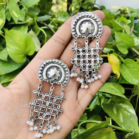 LARQ JEWELS Mandala Lightly Embellished Brass Multilayer White Beads Drop Earrings