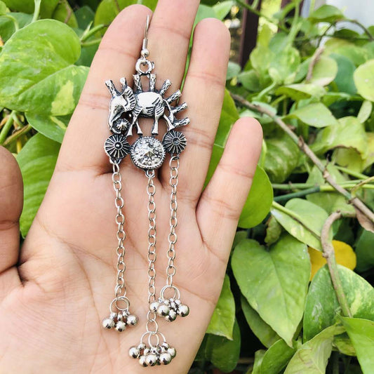 LARQ JEWELS Antique Elephant Design Oxidized Silver Drop Multi Tassle Layer Earrings for Women
