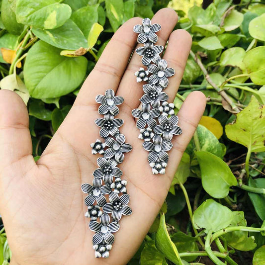 LARQ JEWELS Traditional Beautiful Handcrafted German Oxidised Silver Floral Long Earring