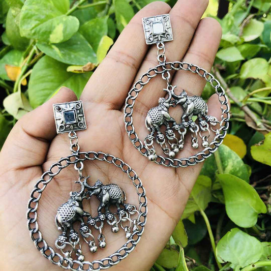 LARQ JEWELS Silver Plated Oxidised Latest Stylish Elephant Chakra Hoop Earring for Women