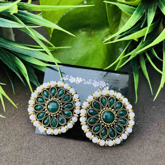 LARQ JEWELS Green Stones Metal Base Metal Pearls Flower Traditional Stud Earring For Women