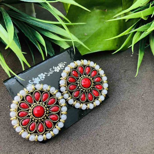 LARQ JEWELS Red Stones Metal Base Metal Pearls Flower Traditional Stud Earring For Women