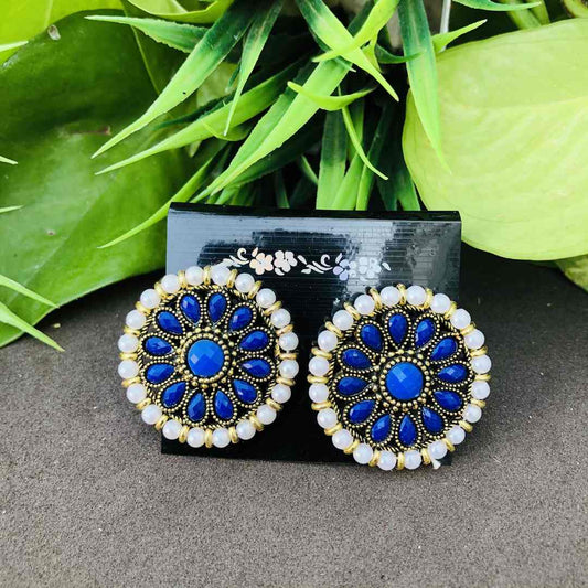 LARQ JEWELS Blue Stones Metal Base Metal Pearls Flower Traditional Stud Earring For Women