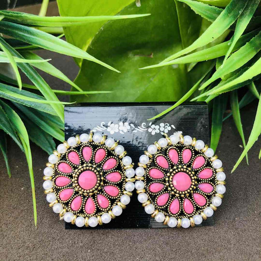 LARQ JEWELS Pink Stones Metal Base Metal Pearls Flower Traditional Stud Earring